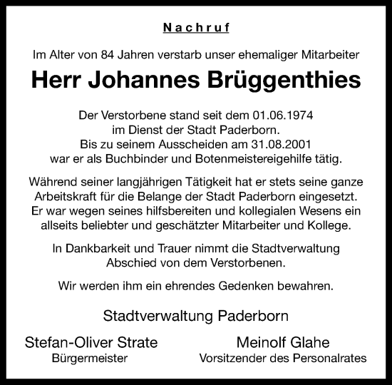 Traueranzeige von Johannes Brüggenthies von Neue Westfälische und Westfalen-Blatt