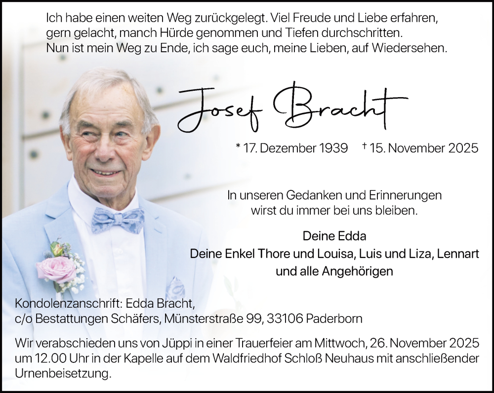  Traueranzeige für Josef Bracht vom 22.11.2025 aus Neue Westfälische und Westfalen-Blatt