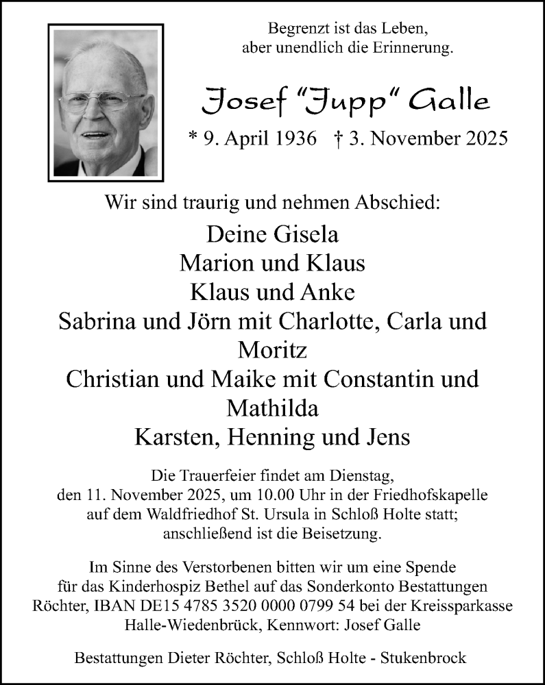  Traueranzeige für Josef Galle vom 08.11.2025 aus Neue Westfälische und Westfalen-Blatt