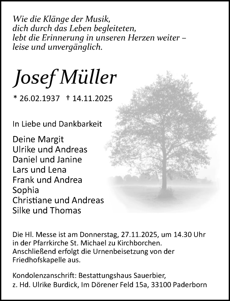  Traueranzeige für Josef Müller vom 22.11.2025 aus Neue Westfälische und Westfalen-Blatt