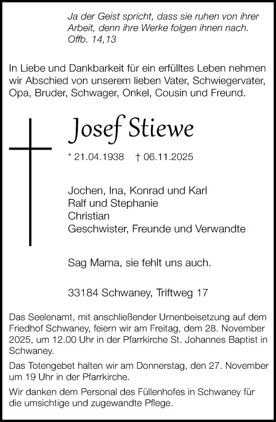 Traueranzeige von Josef Stiewe von Neue Westfälische und Westfalen-Blatt