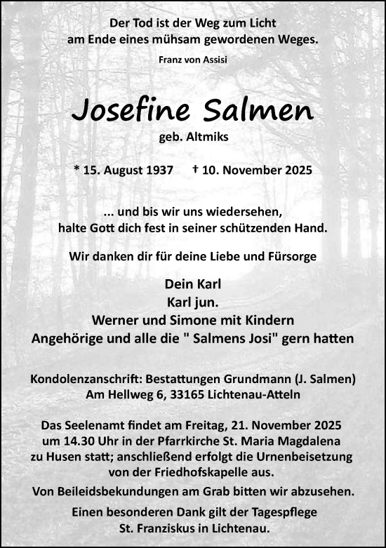 Traueranzeige von Josefine Salmen von Neue Westfälische und Westfalen-Blatt