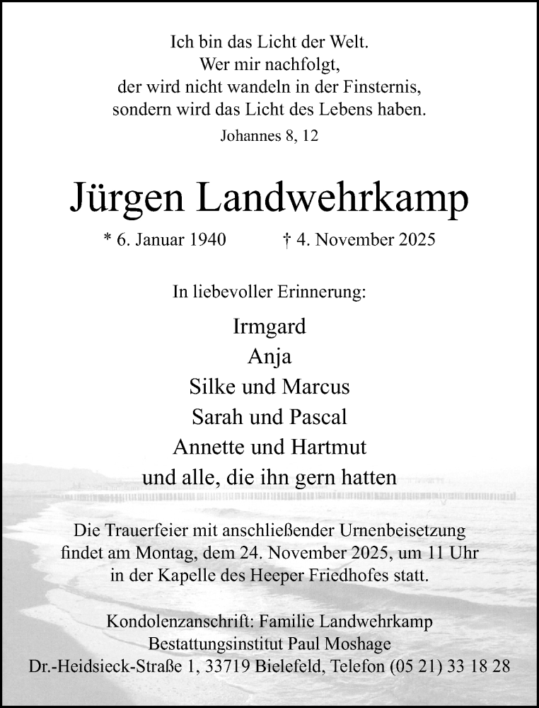  Traueranzeige für Jürgen Landwehrkamp vom 15.11.2025 aus Neue Westfälische und Westfalen-Blatt
