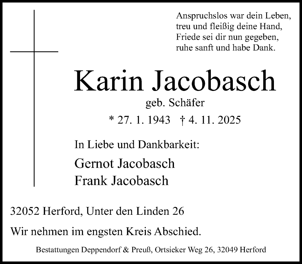  Traueranzeige für Karin Jacobasch vom 15.11.2025 aus Neue Westfälische und Westfalen-Blatt