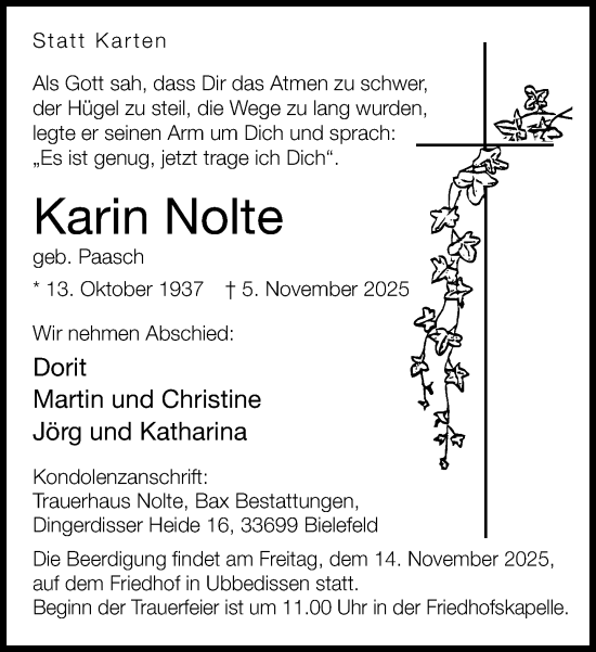 Traueranzeige von Karin Nolte von Neue Westfälische und Westfalen-Blatt