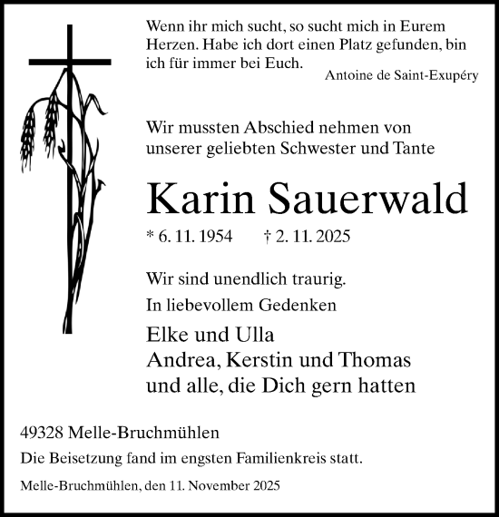 Traueranzeige von Karin Sauerwald von Neue Westfälische und Westfalen-Blatt