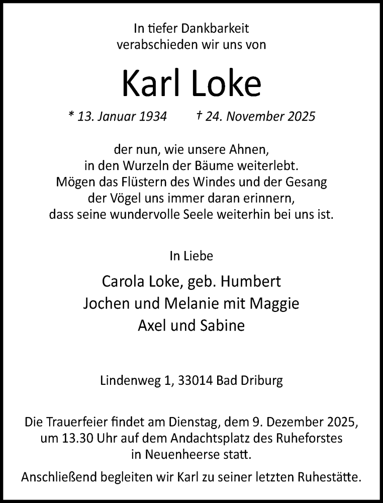  Traueranzeige für Karl Loke vom 29.11.2025 aus Neue Westfälische und Westfalen-Blatt