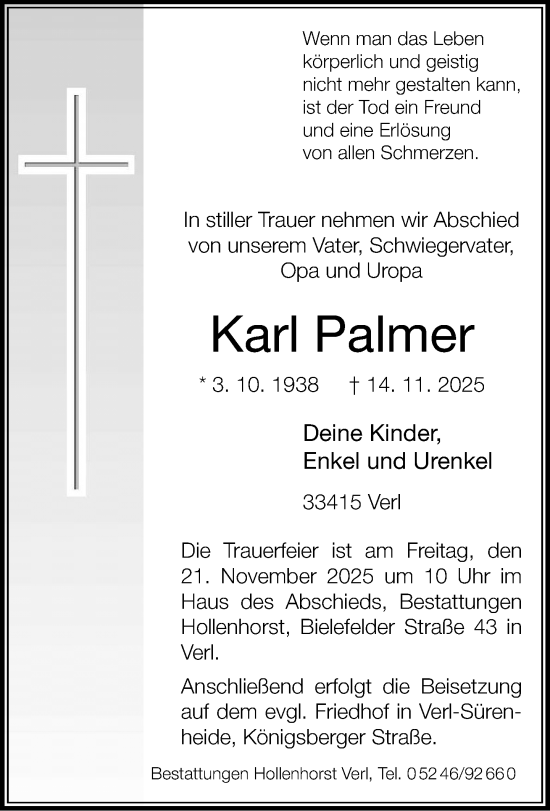 Traueranzeige von Karl Palmer von Neue Westfälische und Westfalen-Blatt