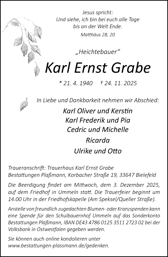 Traueranzeige von Karl Ernst Grabe von Neue Westfälische und Westfalen-Blatt