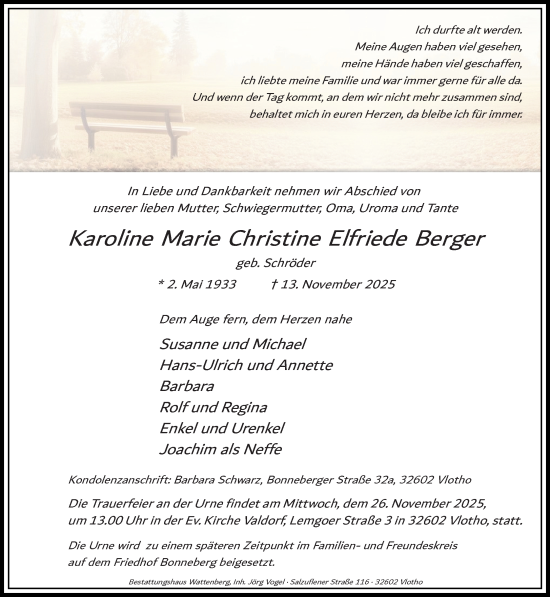 Traueranzeige von Karoline Marie Christine Elfriede Berger von Neue Westfälische und Westfalen-Blatt