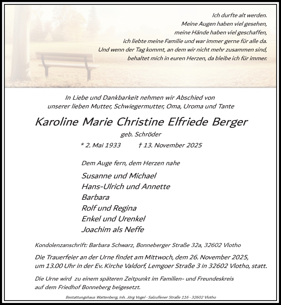  Traueranzeige für Karoline Marie Christine Elfriede Berger vom 22.11.2025 aus Neue Westfälische und Westfalen-Blatt