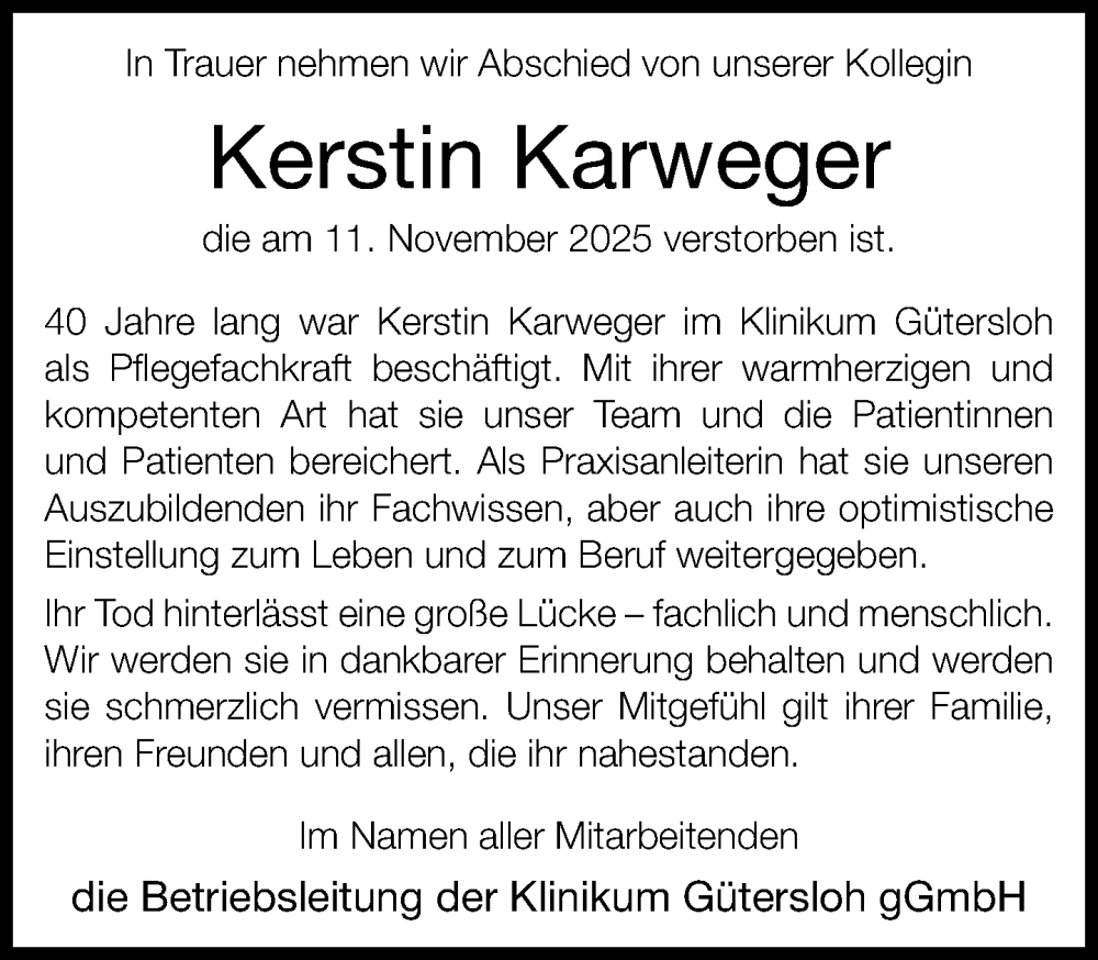 Traueranzeige für Kerstin Karweger vom 18.11.2025 aus Neue Westfälische und Westfalen-Blatt