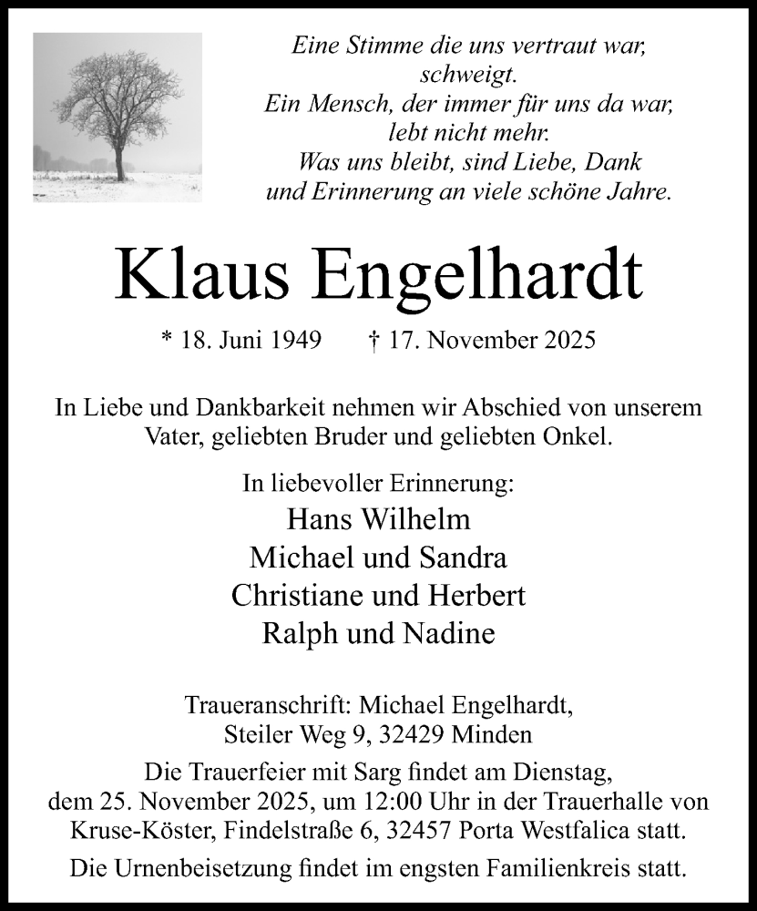  Traueranzeige für Klaus Engelhardt vom 22.11.2025 aus Neue Westfälische und Westfalen-Blatt