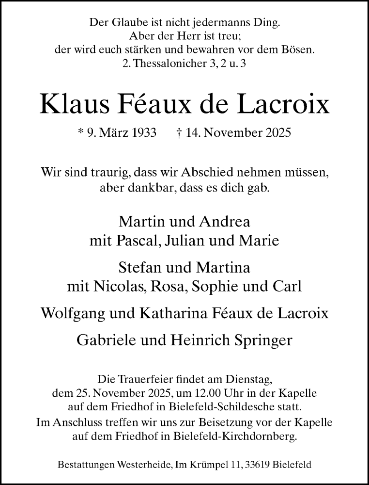  Traueranzeige für Klaus Féaux de Lacroix vom 22.11.2025 aus Neue Westfälische und Westfalen-Blatt