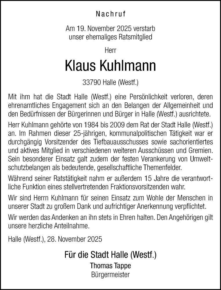  Traueranzeige für Klaus Kuhlmann vom 28.11.2025 aus Neue Westfälische und Westfalen-Blatt