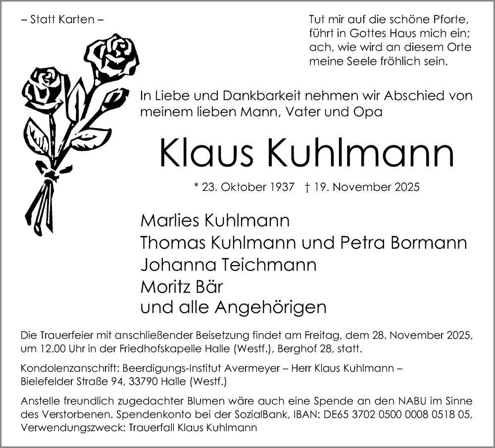  Traueranzeige für Klaus Kuhlmann vom 25.11.2025 aus Neue Westfälische und Westfalen-Blatt