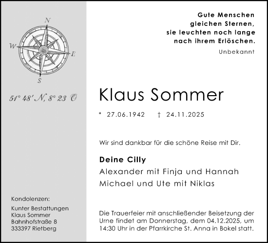 Traueranzeige von Klaus Sommer von Neue Westfälische und Westfalen-Blatt