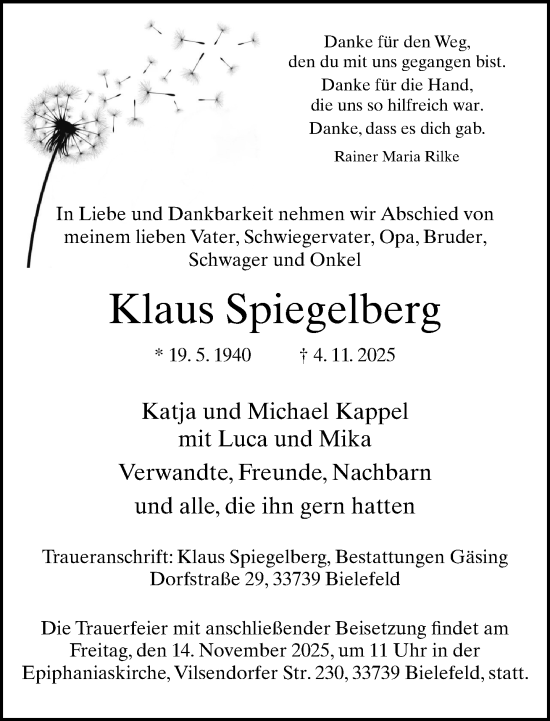 Traueranzeige von Klaus Spiegelberg von Neue Westfälische und Westfalen-Blatt