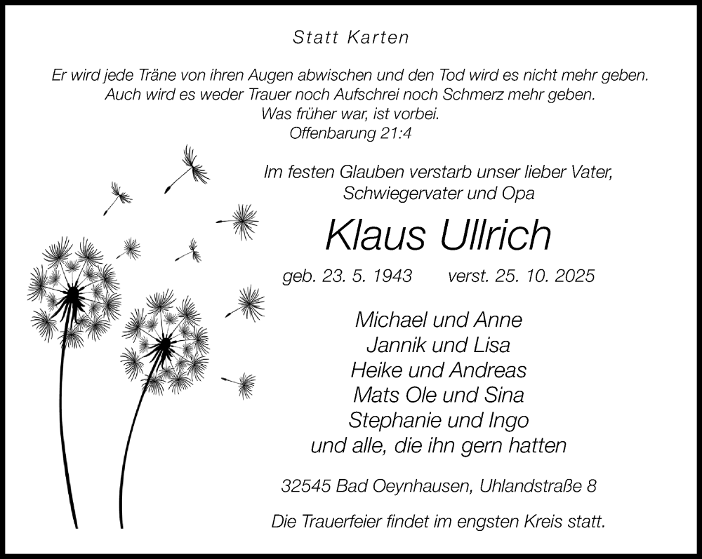  Traueranzeige für Klaus Ullrich vom 08.11.2025 aus Neue Westfälische und Westfalen-Blatt