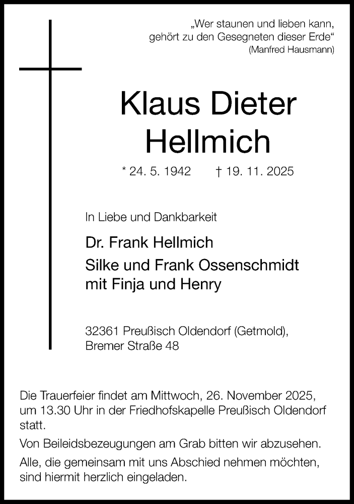  Traueranzeige für Klaus Dieter Hellmich vom 22.11.2025 aus Neue Westfälische und Westfalen-Blatt