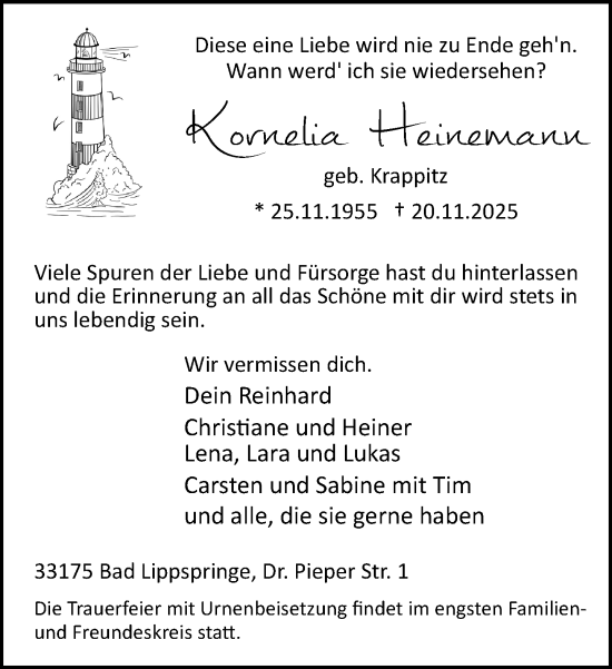 Traueranzeige von Kornelia Heinemann von Neue Westfälische und Westfalen-Blatt