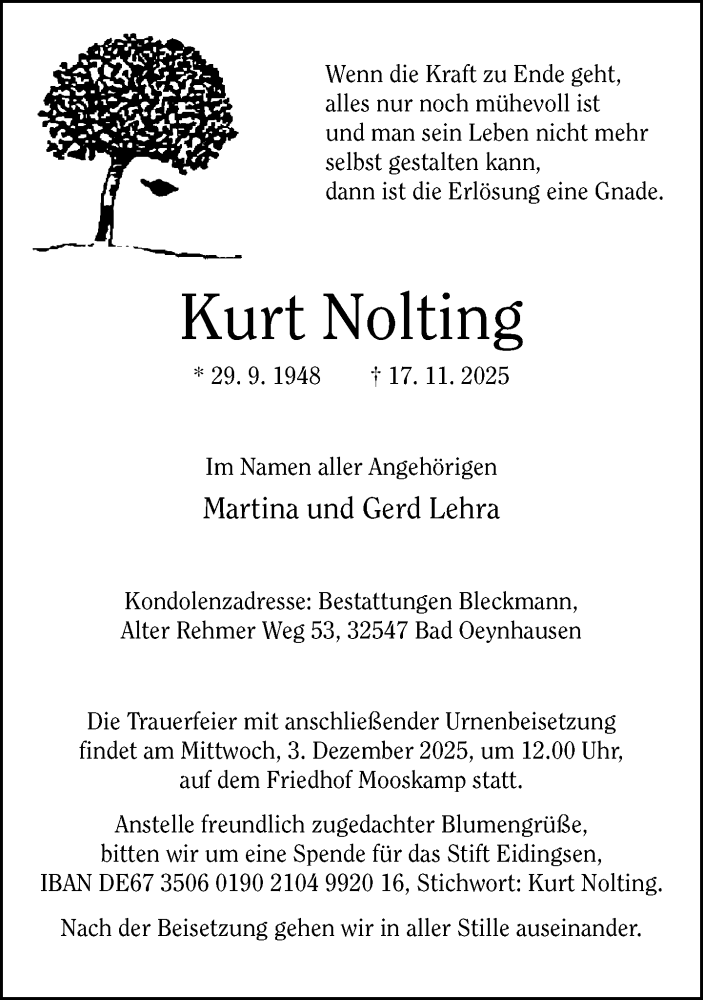  Traueranzeige für Kurt Nolting vom 29.11.2025 aus Neue Westfälische und Westfalen-Blatt