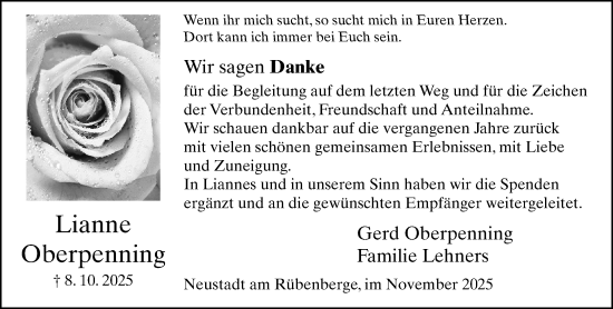 Traueranzeige von Lianne Oberpenning von Neue Westfälische und Westfalen-Blatt