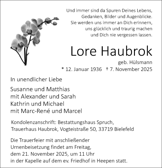 Traueranzeige von Lore Haubrok von Neue Westfälische und Westfalen-Blatt