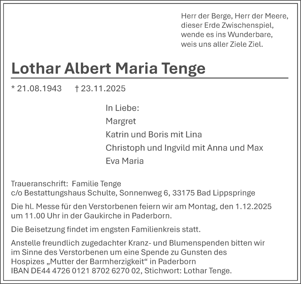  Traueranzeige für Lothar Albert Maria Tenge vom 29.11.2025 aus Neue Westfälische und Westfalen-Blatt