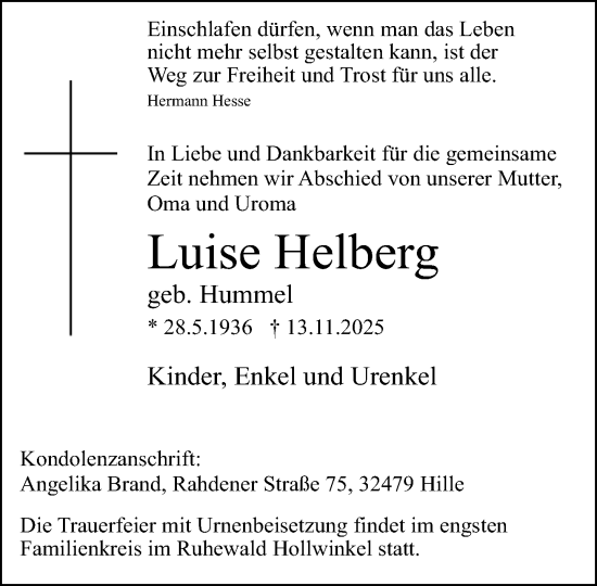 Traueranzeige von Luise Helberg von Neue Westfälische und Westfalen-Blatt