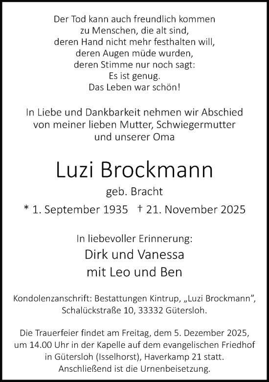 Traueranzeige von Luzi Brockmann von Neue Westfälische und Westfalen-Blatt