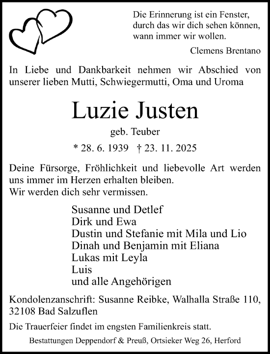 Traueranzeige von Luzie Justen von Neue Westfälische und Westfalen-Blatt
