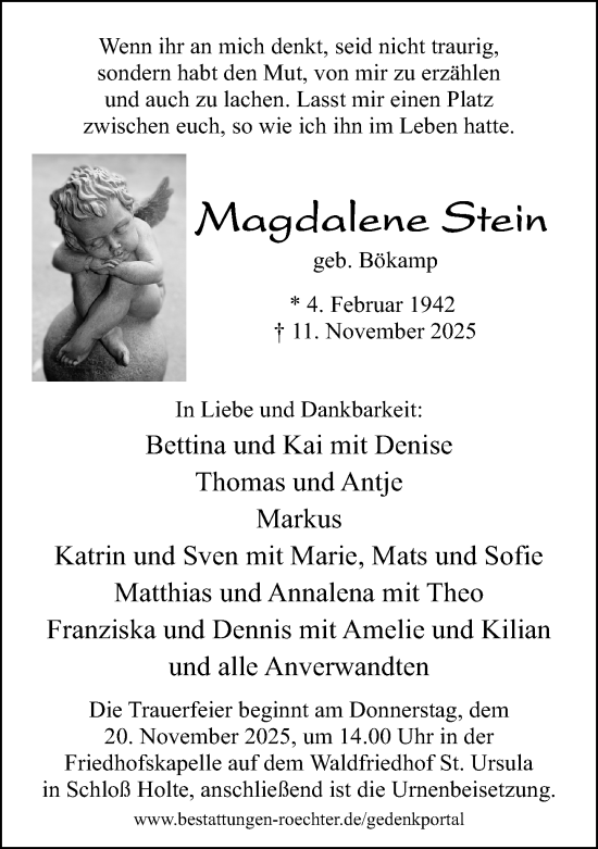 Traueranzeige von Magdalena Stein von Neue Westfälische und Westfalen-Blatt