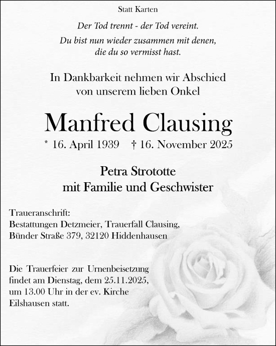 Traueranzeige von Manfred Clausing von Neue Westfälische und Westfalen-Blatt