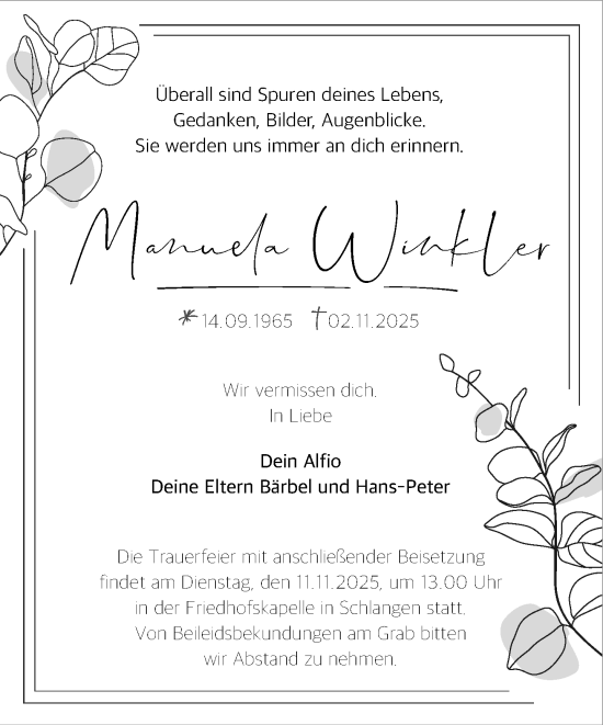 Traueranzeige von Manuela Winkler von Neue Westfälische und Westfalen-Blatt