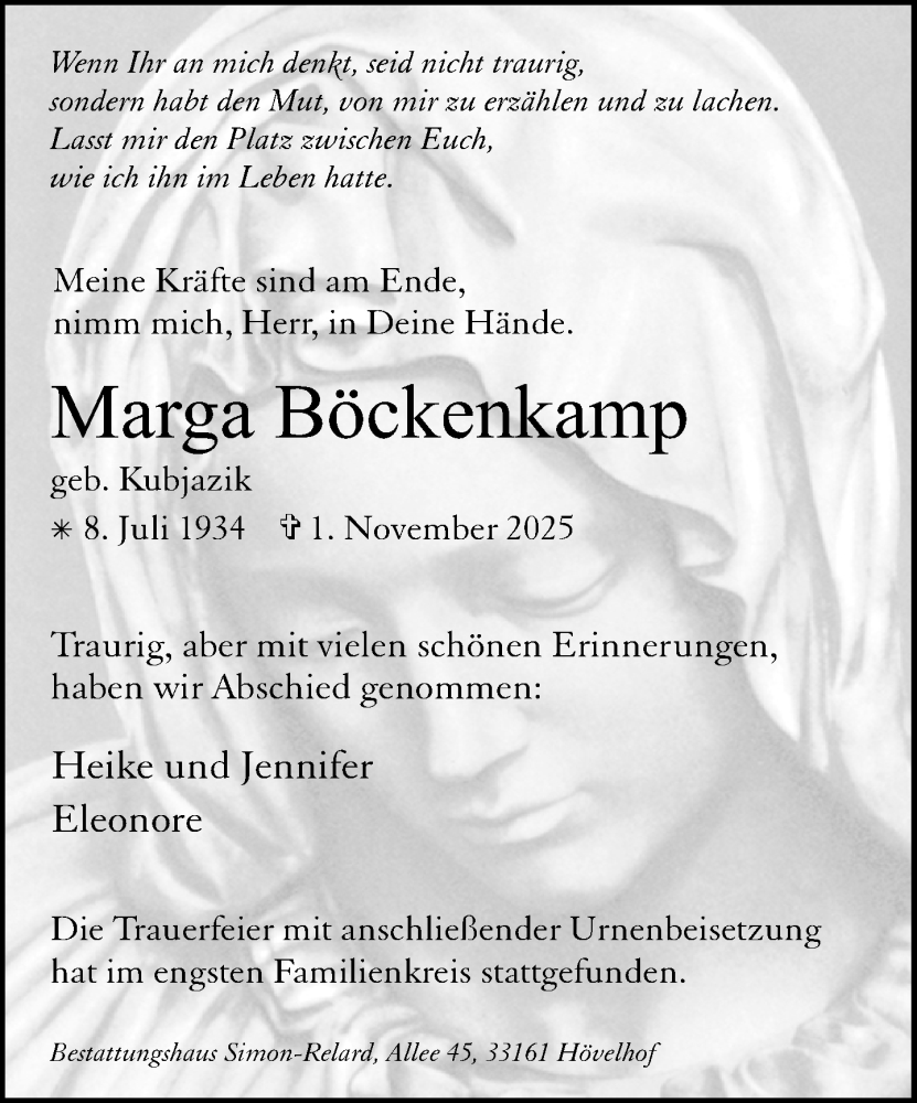  Traueranzeige für Marga Böckenkamp vom 15.11.2025 aus Neue Westfälische und Westfalen-Blatt