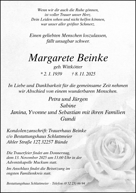 Traueranzeige von Margarete Beinke von Neue Westfälische und Westfalen-Blatt
