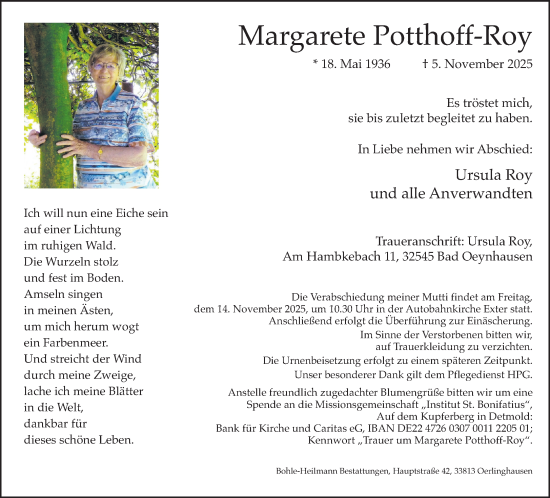 Traueranzeige von Margarete Potthoff-Roy von Neue Westfälische und Westfalen-Blatt
