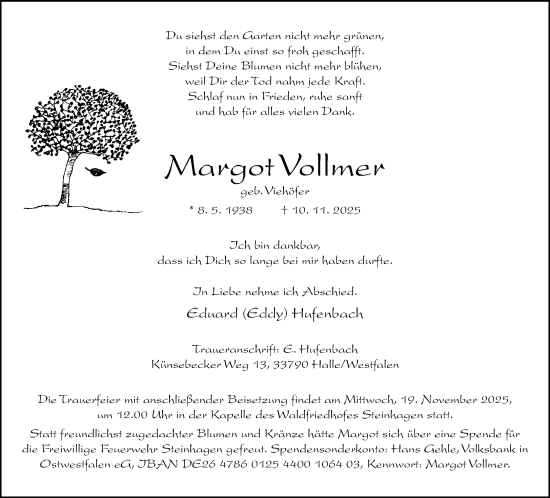 Traueranzeige von Margot Vollmer von Neue Westfälische und Westfalen-Blatt