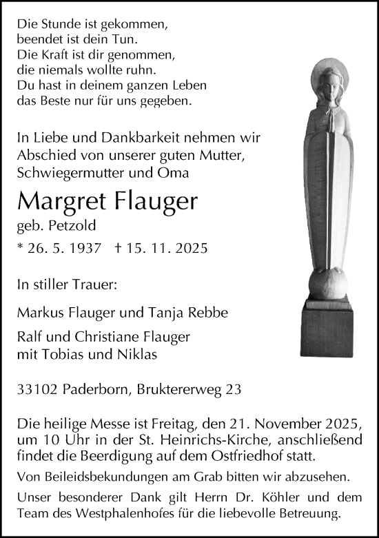 Traueranzeige von Margret Flauger von Neue Westfälische und Westfalen-Blatt