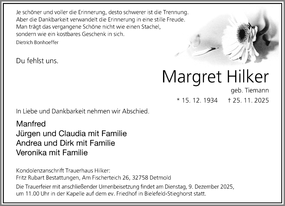  Traueranzeige für Margret Hilker vom 29.11.2025 aus Neue Westfälische und Westfalen-Blatt
