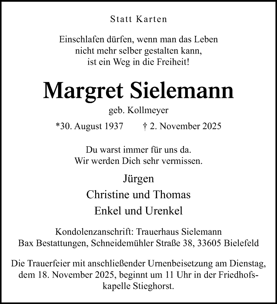  Traueranzeige für Margret Sielemann vom 08.11.2025 aus Neue Westfälische und Westfalen-Blatt