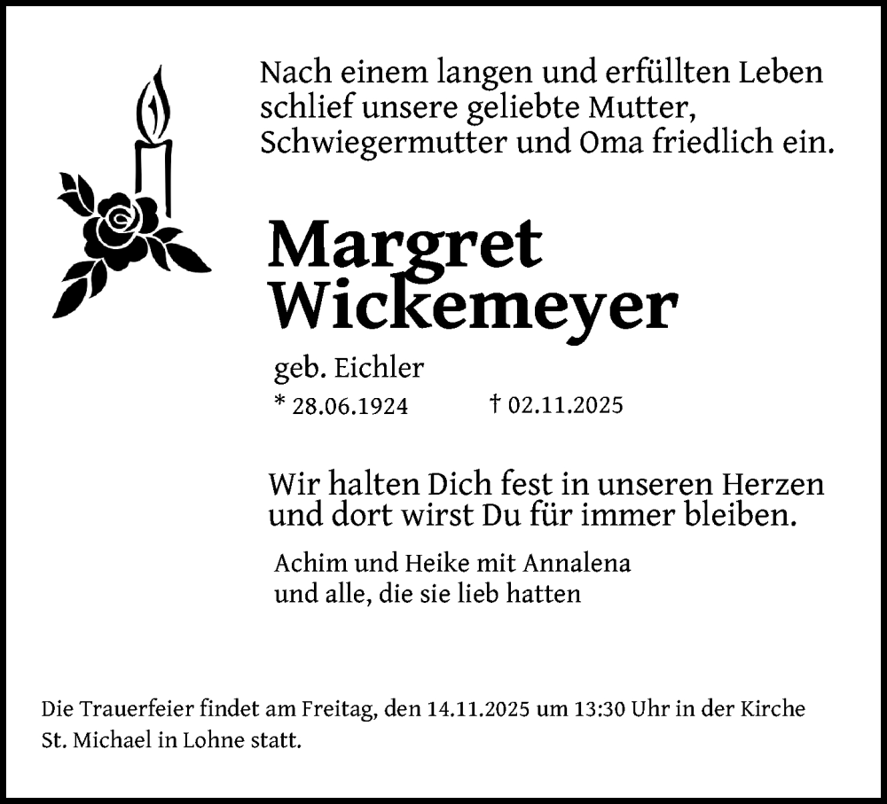  Traueranzeige für Margret Wickemeyer vom 08.11.2025 aus Neue Westfälische und Westfalen-Blatt