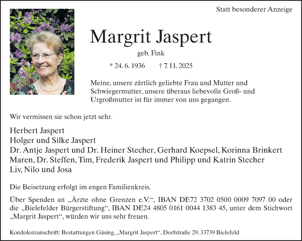  Traueranzeige für Margrit Jaspert vom 15.11.2025 aus Neue Westfälische und Westfalen-Blatt