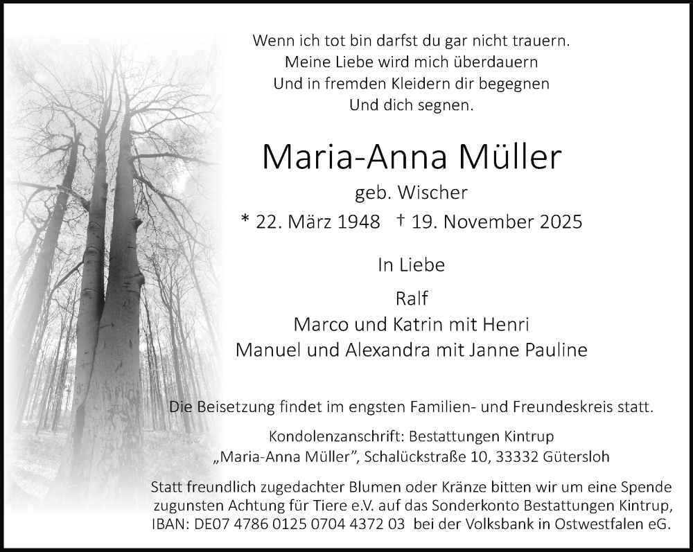  Traueranzeige für Maria-Anna Müller vom 22.11.2025 aus Neue Westfälische und Westfalen-Blatt