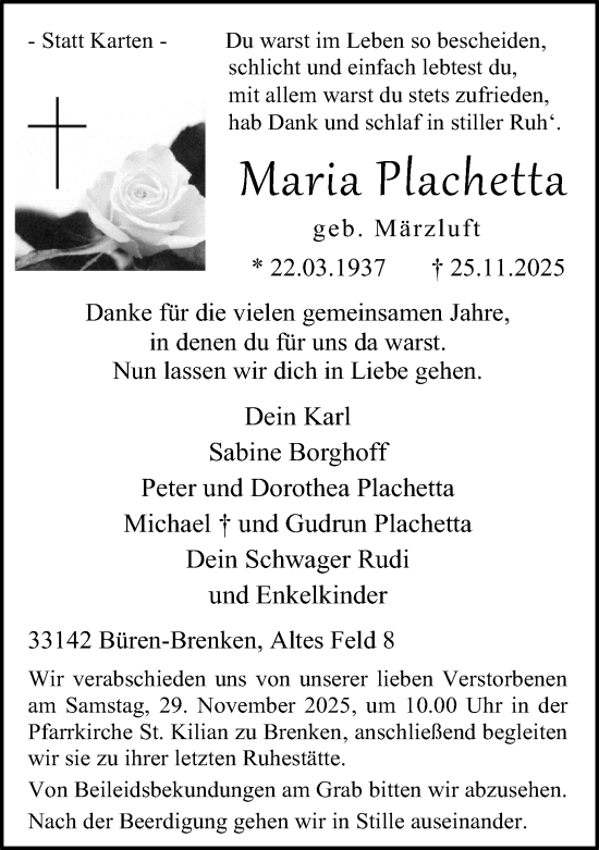 Traueranzeige von Maria Plachetta von Neue Westfälische und Westfalen-Blatt