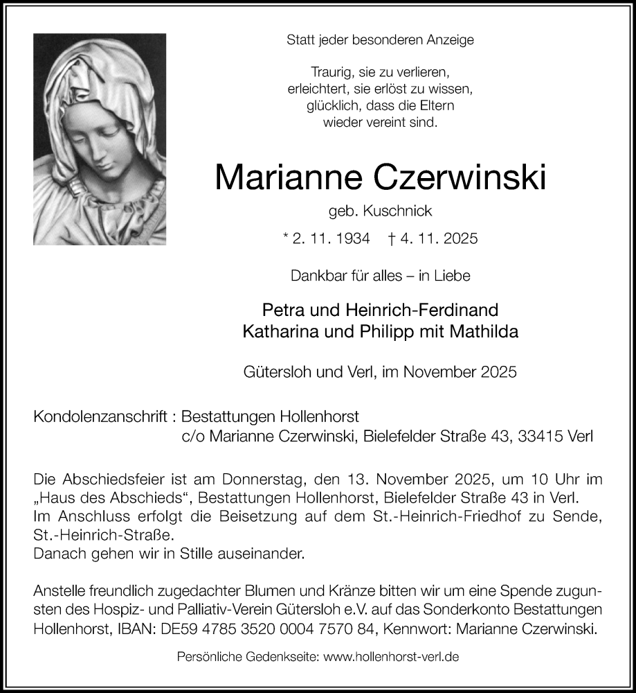  Traueranzeige für Marianne Czerwinski vom 08.11.2025 aus Neue Westfälische und Westfalen-Blatt