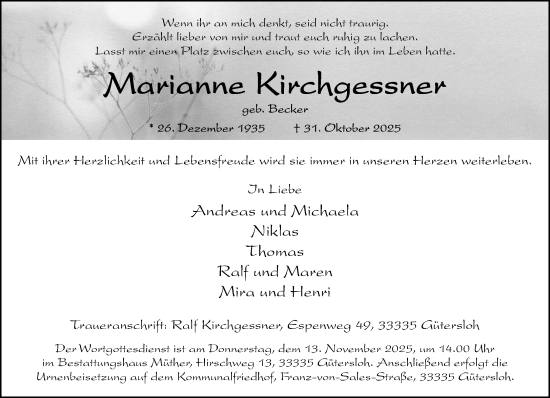 Traueranzeige von Marianne Kirchgessner von Neue Westfälische und Westfalen-Blatt
