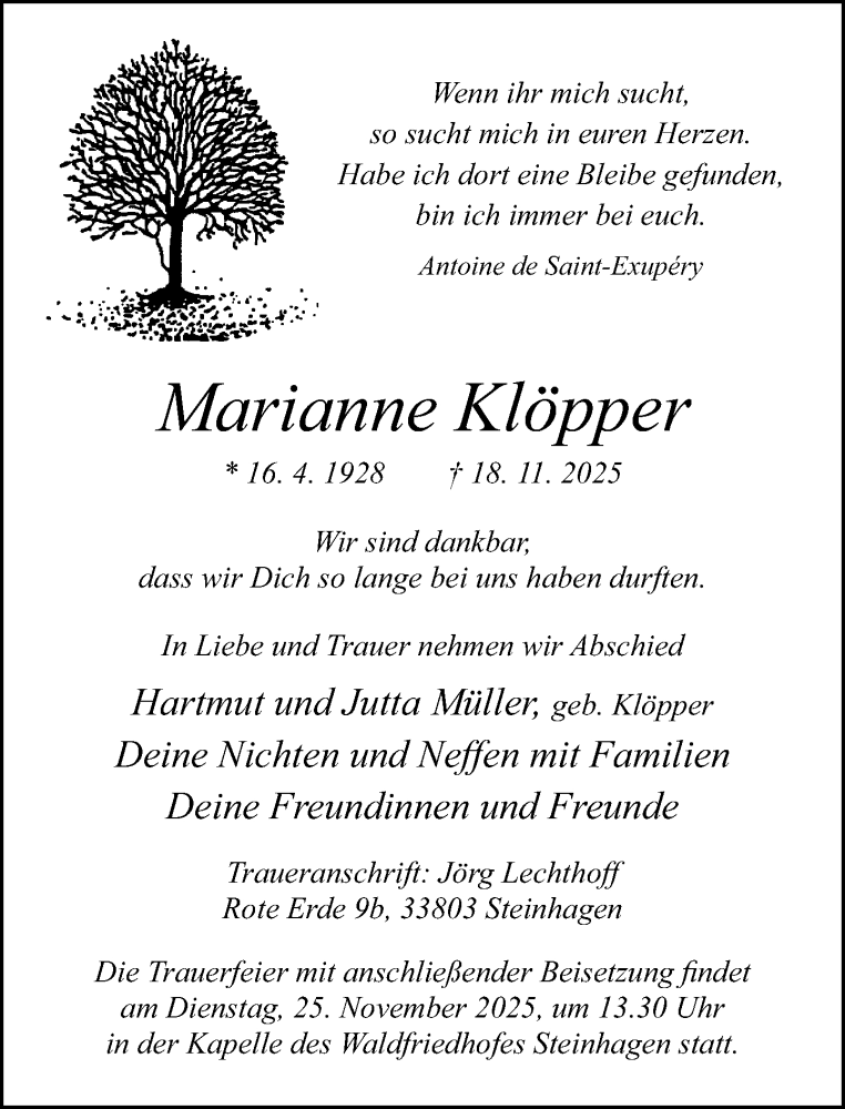  Traueranzeige für Marianne Klöpper vom 22.11.2025 aus Neue Westfälische und Westfalen-Blatt