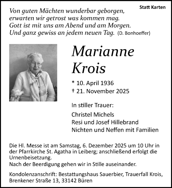 Traueranzeige von Marianne Krois von Neue Westfälische und Westfalen-Blatt